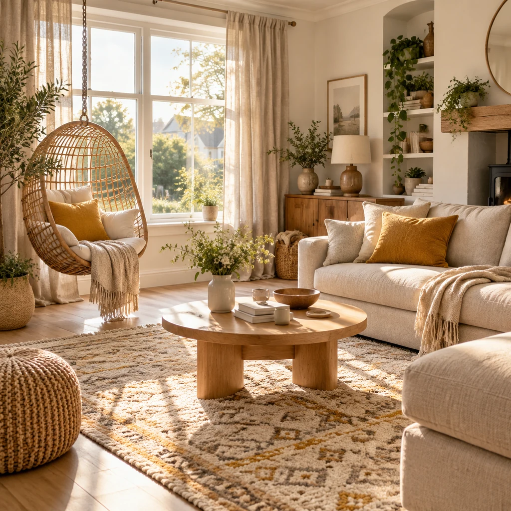Living room vignette with a patterned rug and hanging chair