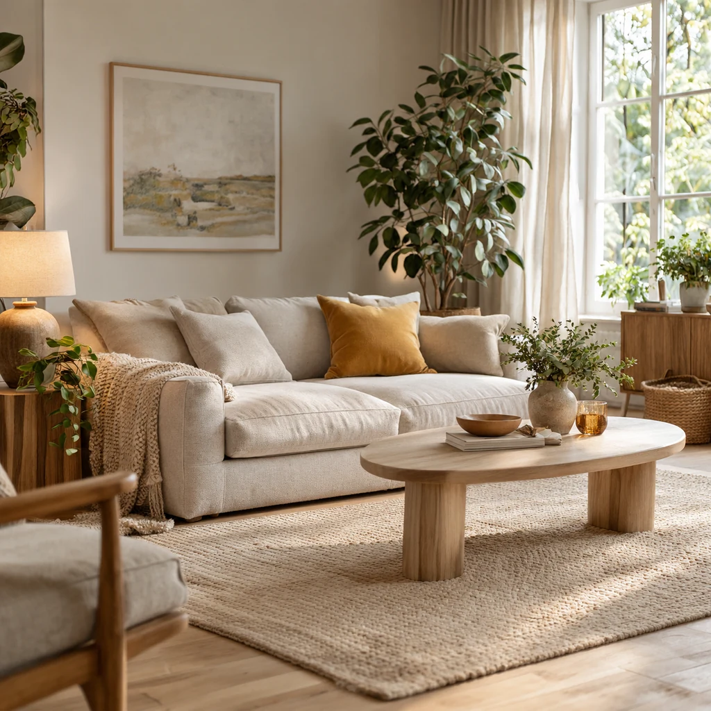 Softly lit lounge with a rug under a low sofa
