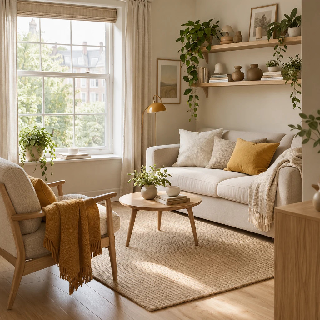Compact room with a modest rug defining a seating area