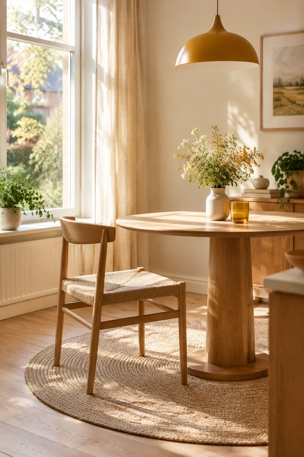 Round rug under a small dining table and chair
