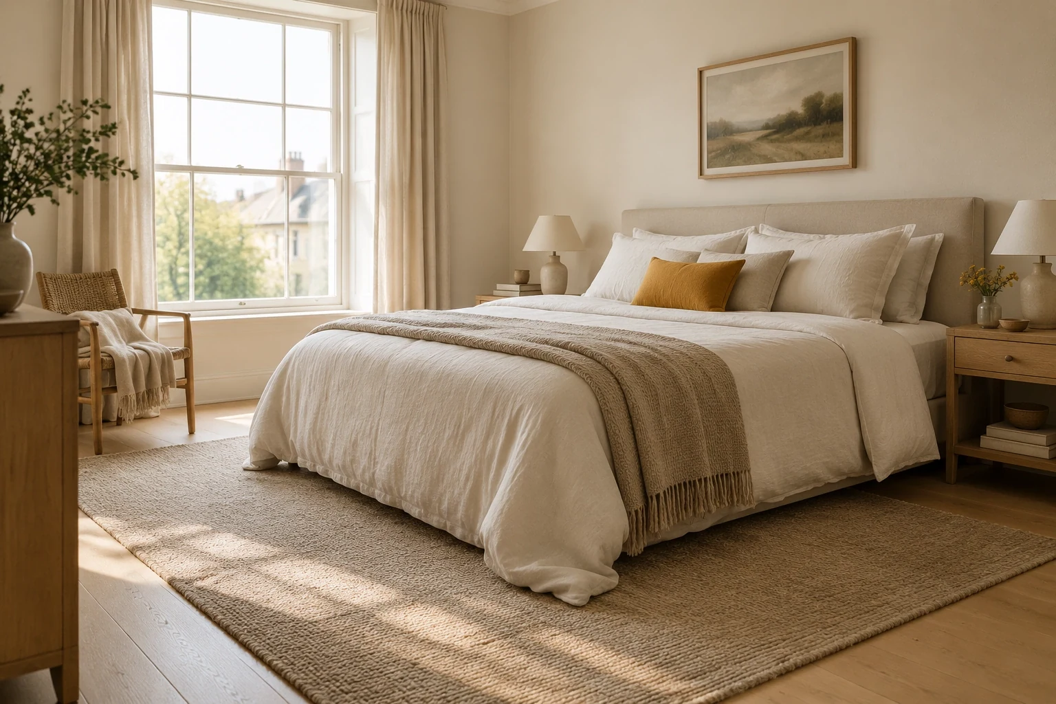 Bedroom with a large rug running under the bed