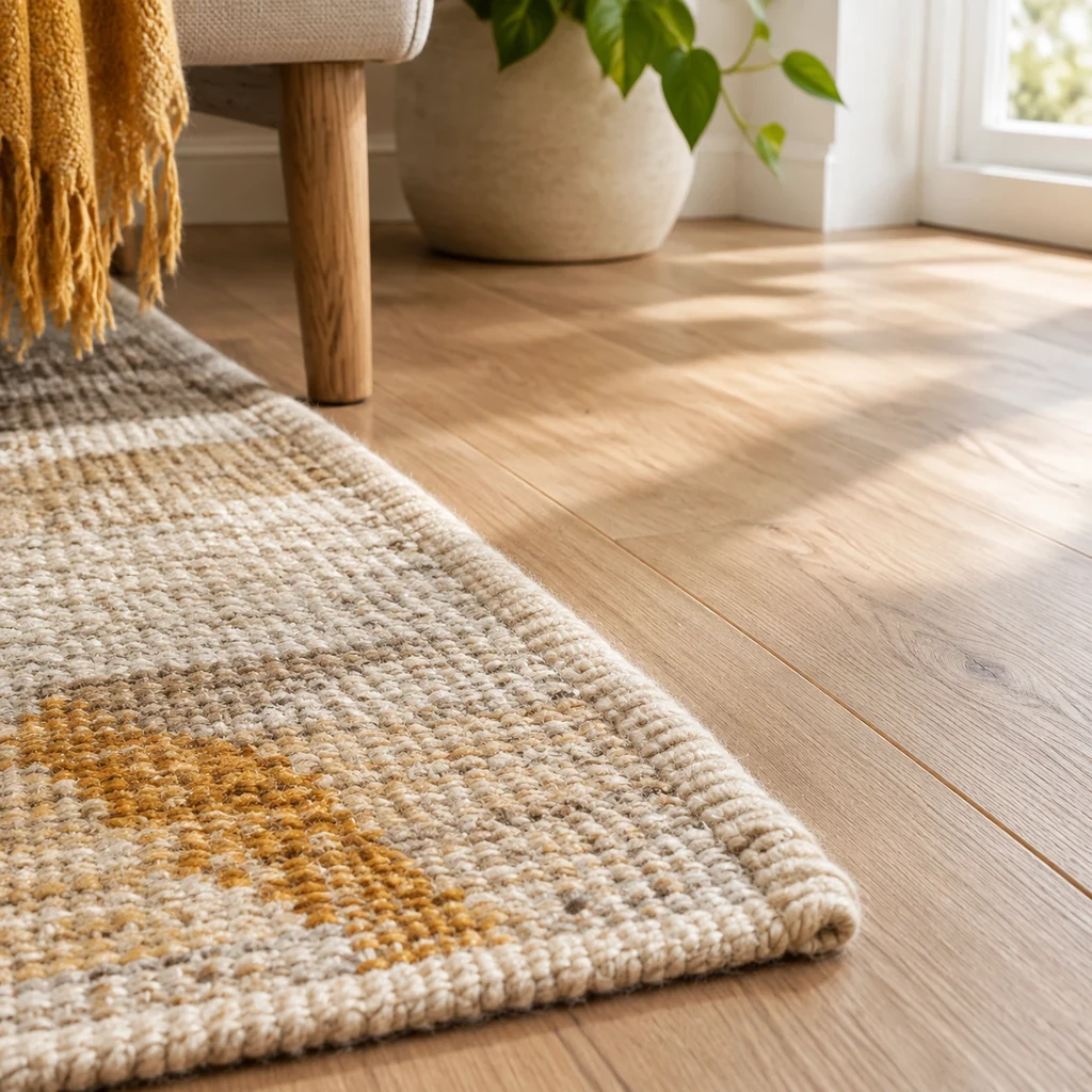 Close up of a bound rug edge on a wooden floor