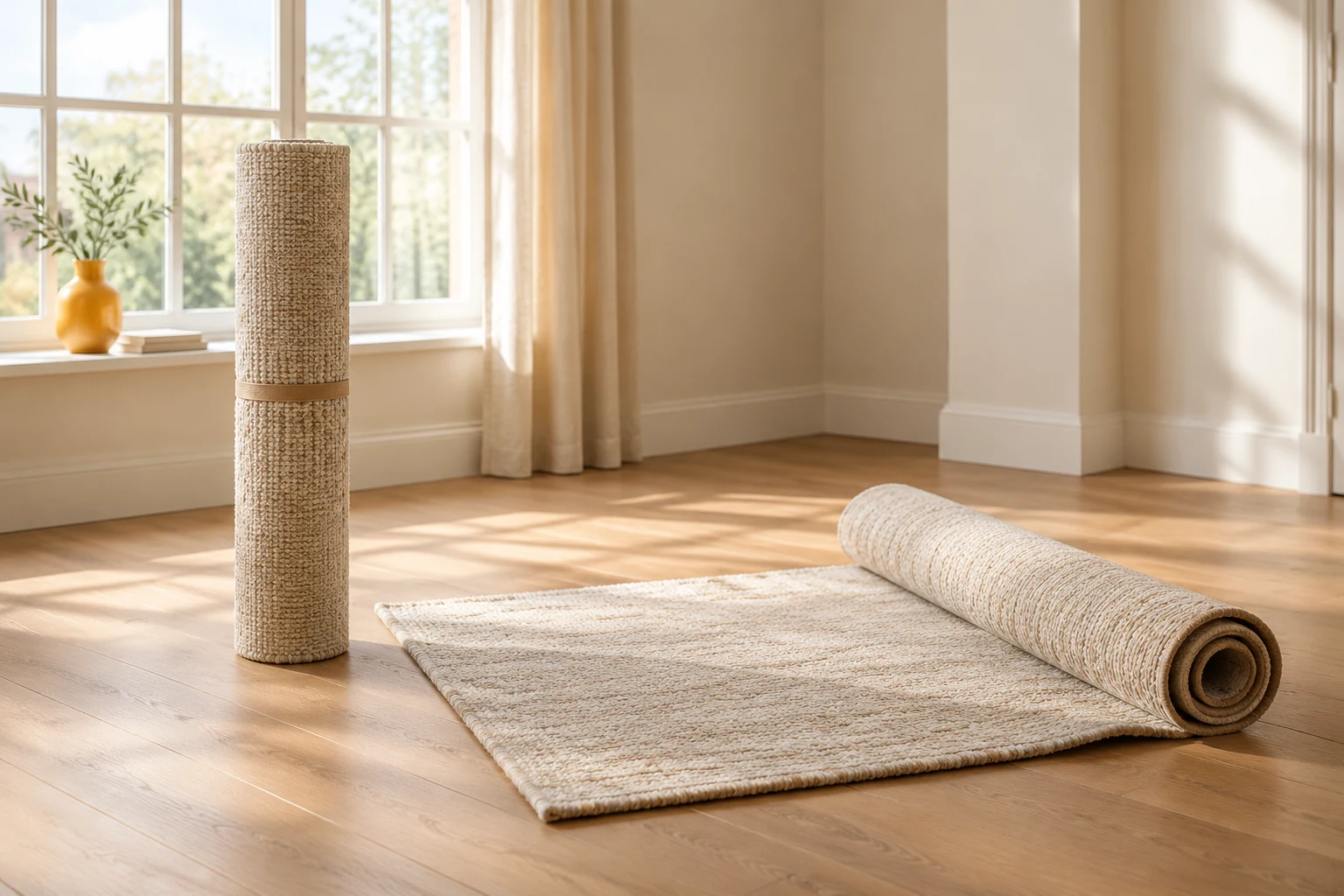 Rolled and partly unrolled rugs on the floor of an empty room