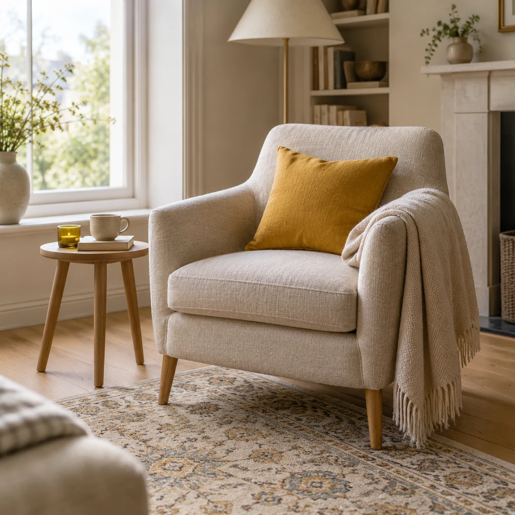 Patterned rug under an armchair in a living room corner