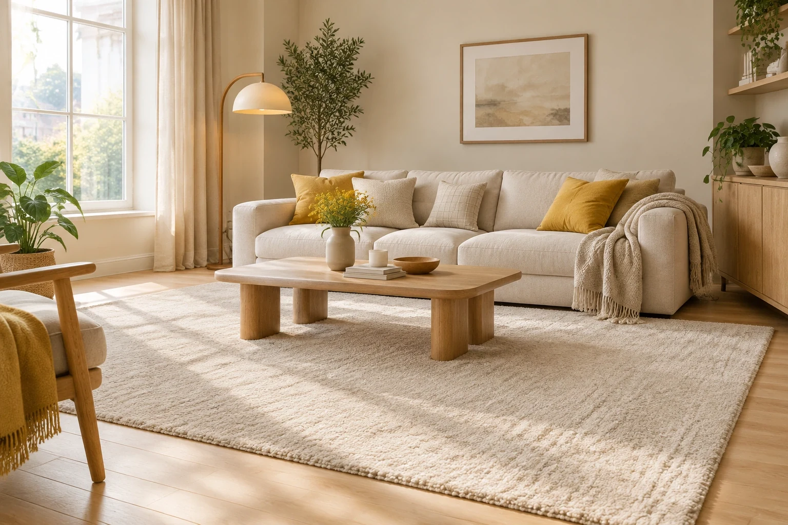 Large soft rug laid under a sofa and coffee table in a bright living room