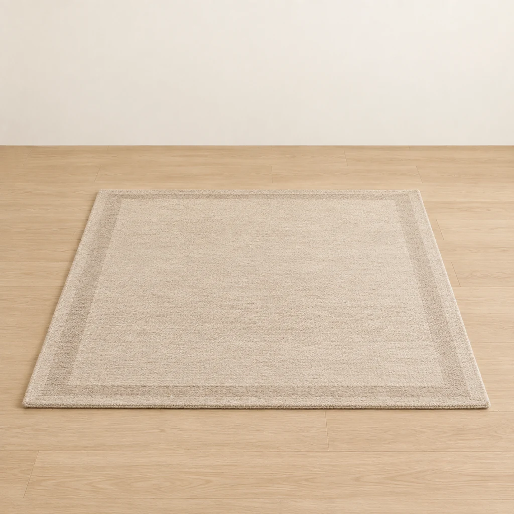 Wool blend living room rug with a tonal border