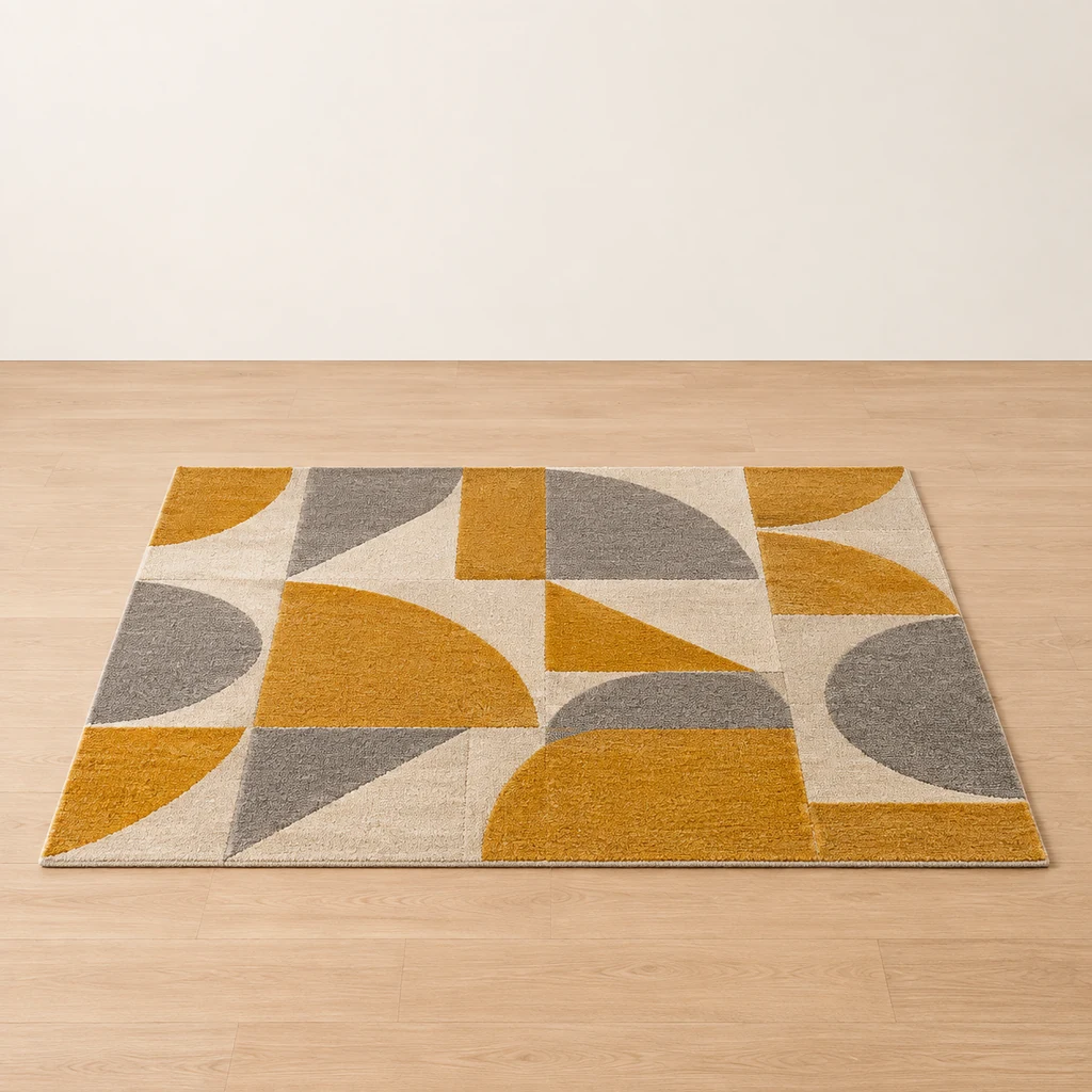 Rug with a bold modern geometric pattern in ochre and grey