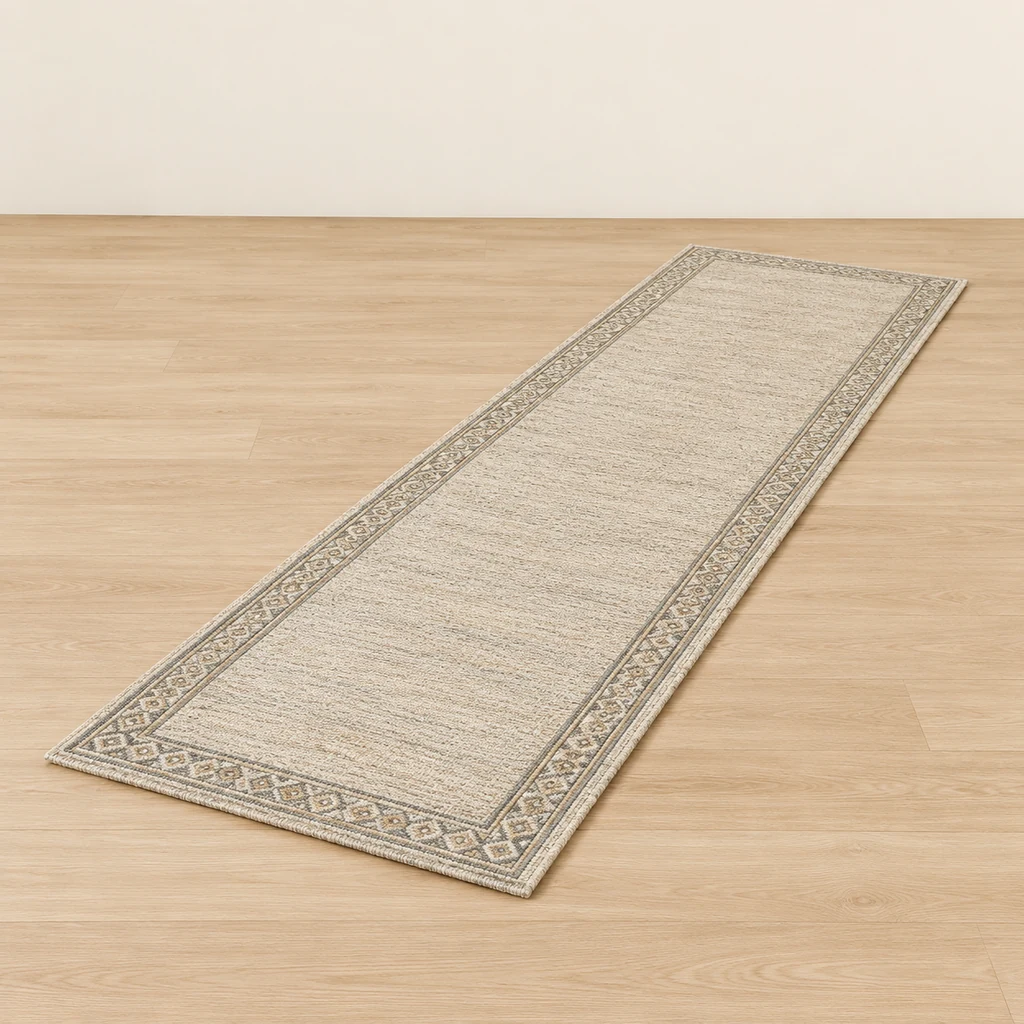 Long hallway runner rug with a fine geometric border