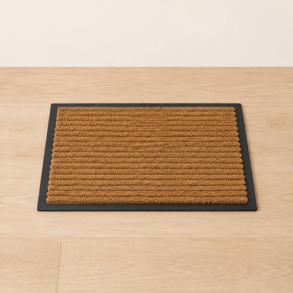 Coir doormat with ribbed surface and rubber edge