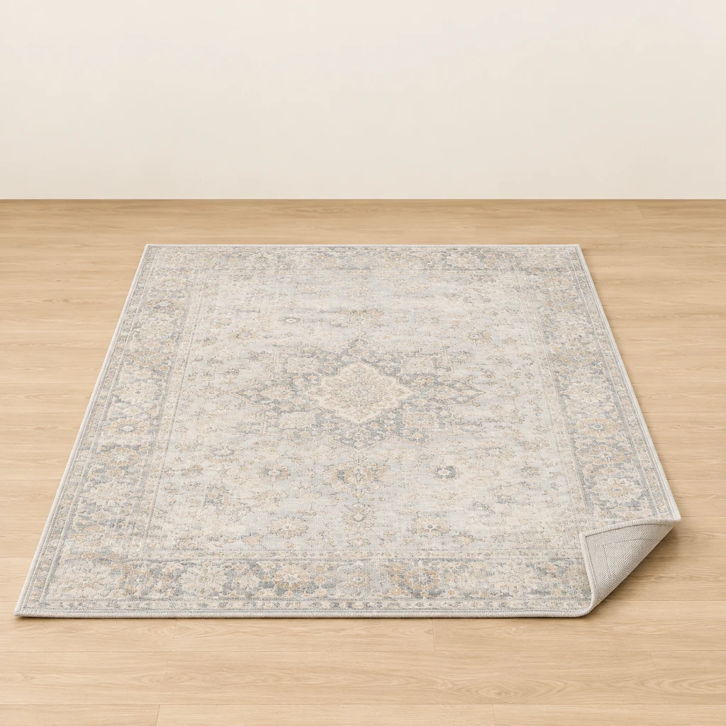 Flat washable rug with a soft faded pattern, corner folded back