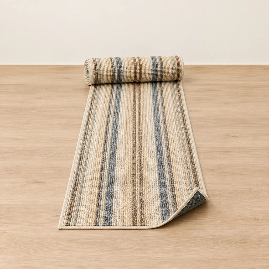Narrow striped stair runner partly rolled open showing its backing