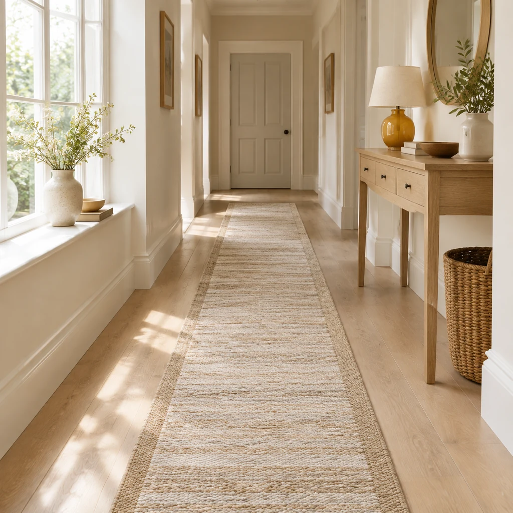 Long narrow runner rug down a bright hallway