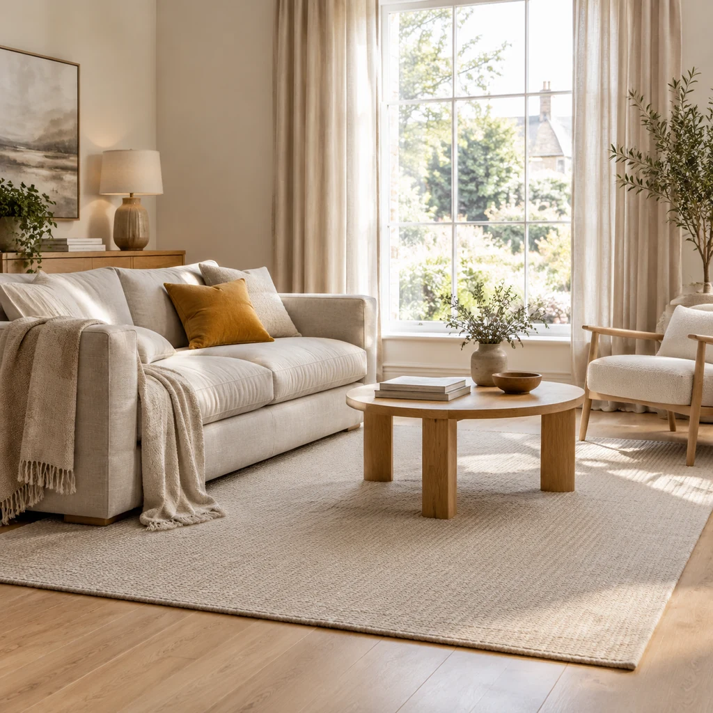 Plain rectangular rug centred under a sofa group