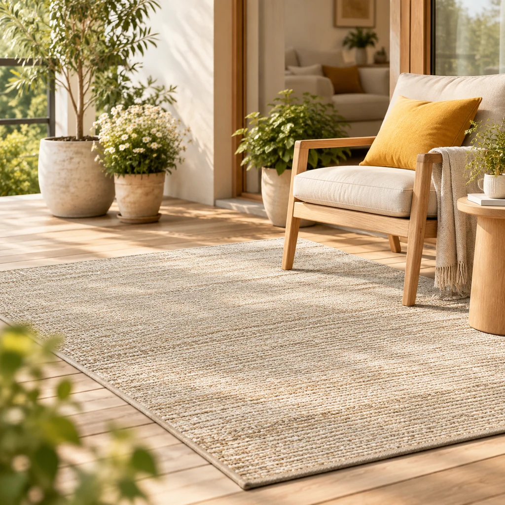 Flat weave outdoor rug on a wooden terrace