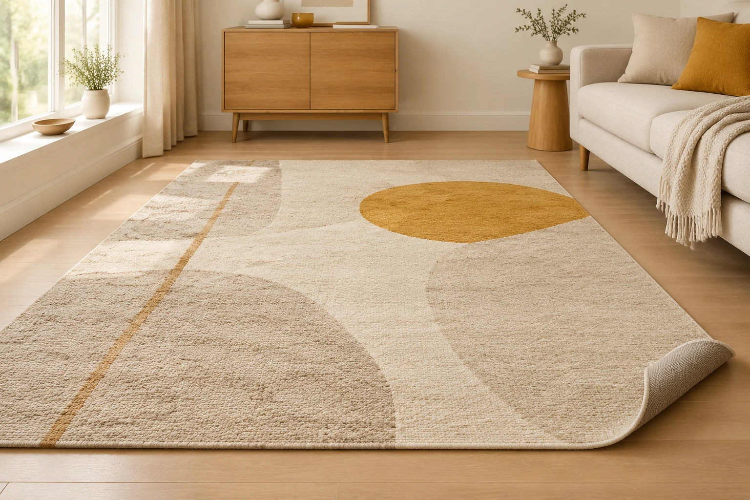 A single large rug laid flat with one corner turned up to show the backing